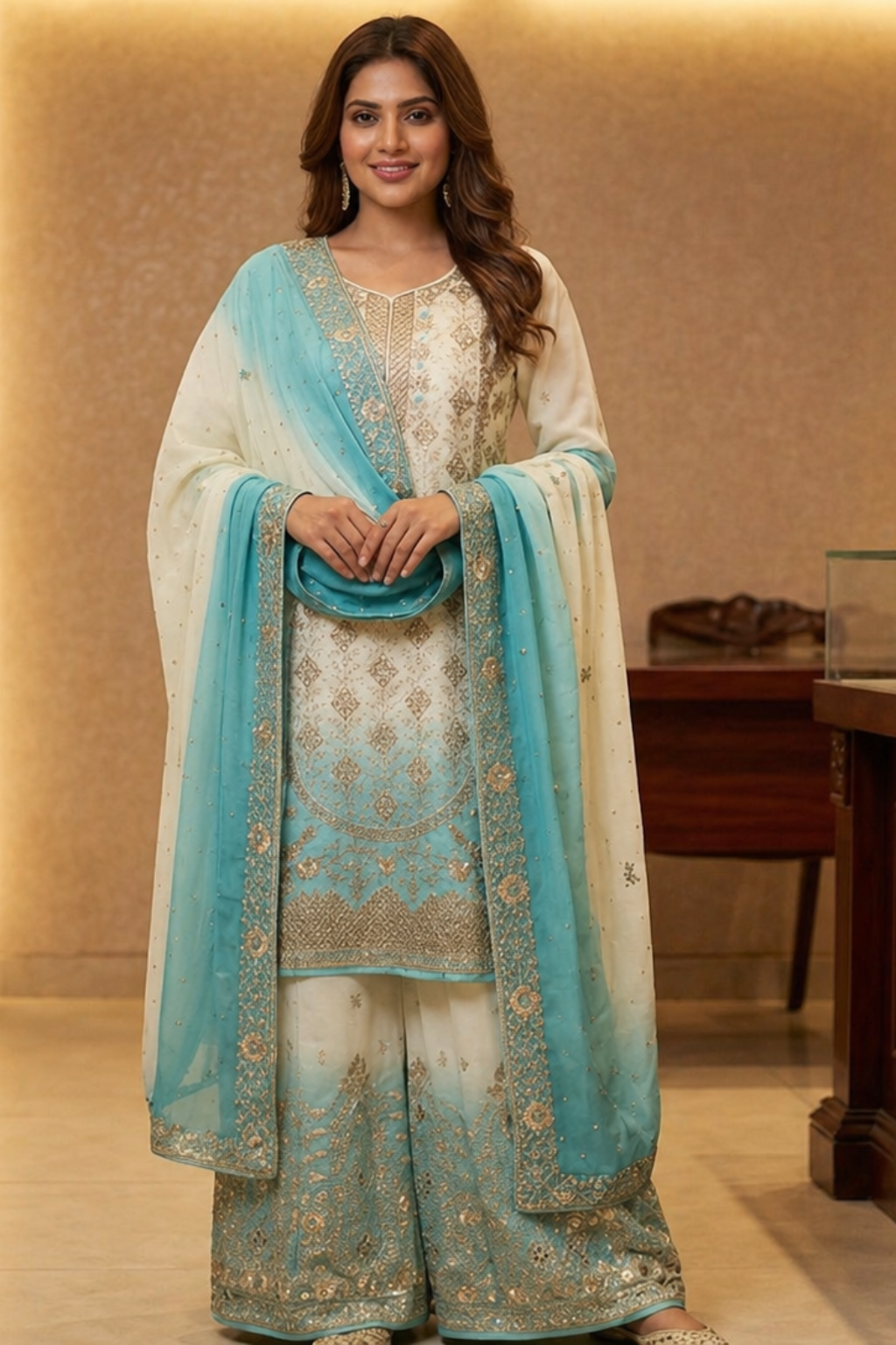 Stylish sky blue white Ethnic Palazzo Kurti
